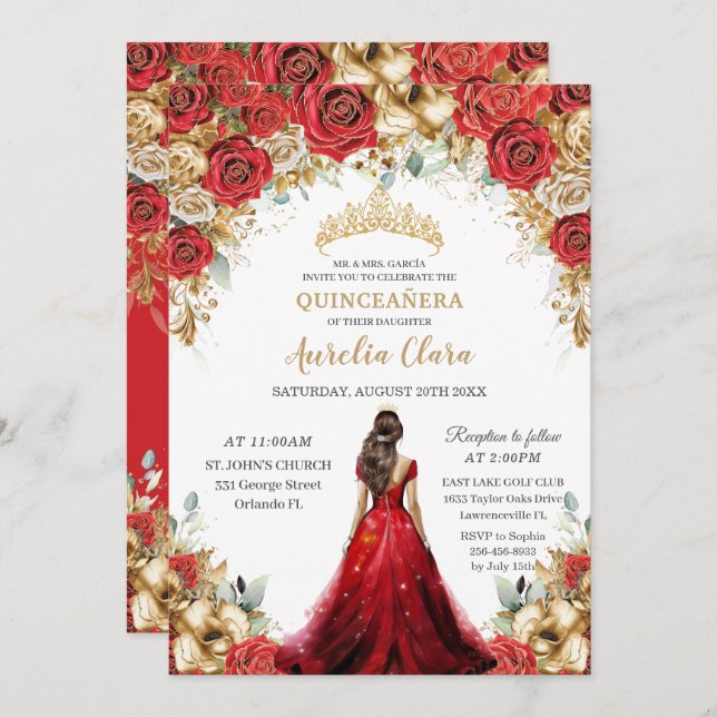 Convite Quinceañera Red Dourada Rosas Floral Princesa Vest (Frente/Verso)