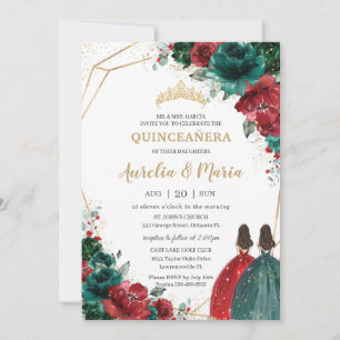 Convite Quinceañera Red Emerald Green Gêmeas Florais Doura