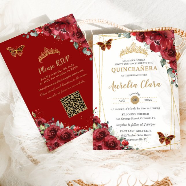 Convite Quinceañera Red Floral Borboletas Douradas QR RSVP (Criador carregado)