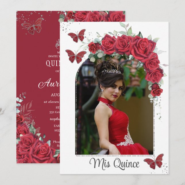 Convite Quinceañera Red Floral Rosas Borboletas Foto (Frente/Verso)