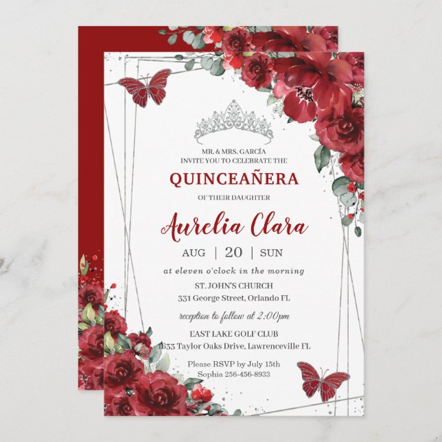 Convite Quinceañera Red Flowers Floral Silver Butterfly (Frente/Verso)