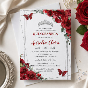 Convite Quinceañera Red Flowers Floral Silver Butterfly