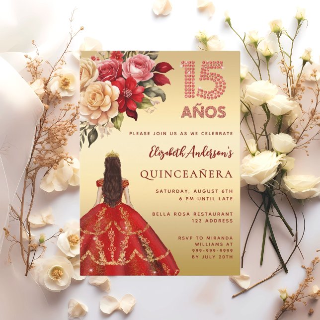 Convite Quinceanera red gold dress florais rosas (Criador carregado)