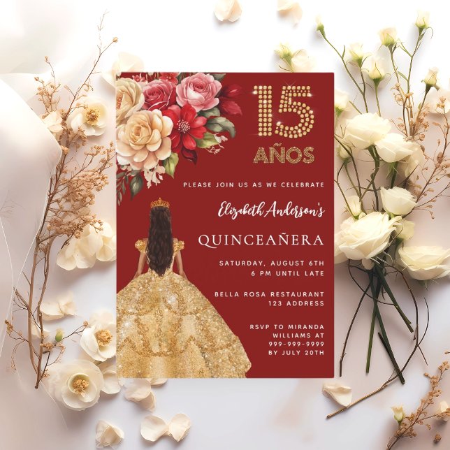 Convite Quinceanera red gold dress florais rosas (Criador carregado)