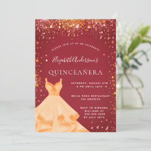 Convite Quinceanera red gold dress poeira brilhante