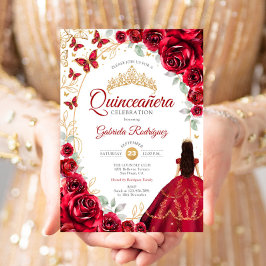 Convite Quinceanera Red Gold Floral