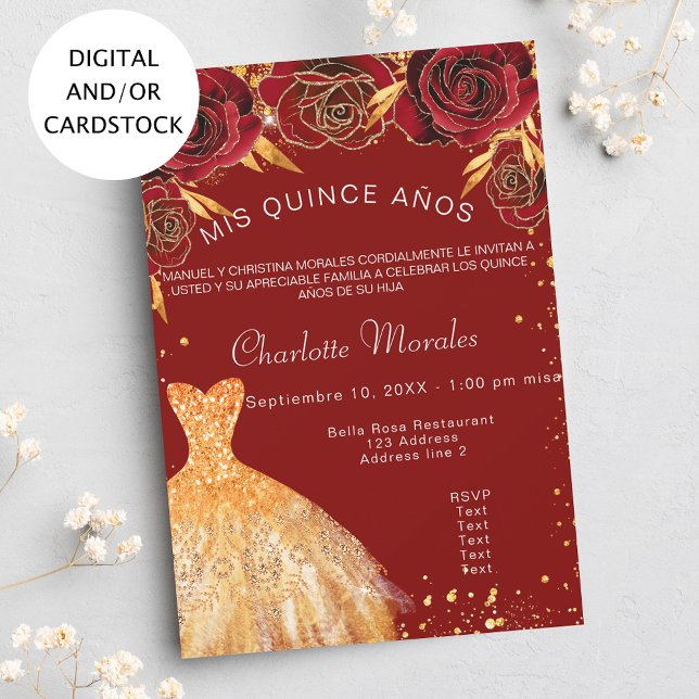 Convite Quinceanera Red Gold Flores (Criador carregado)