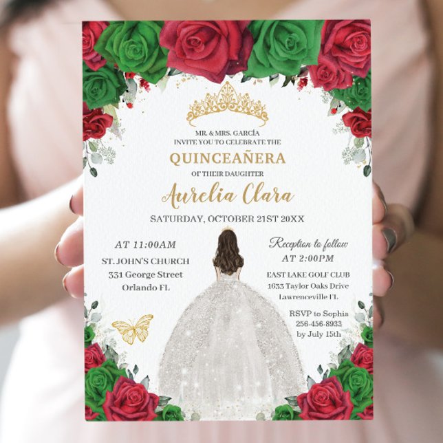 Convite Quinceañera Red Green Princesa Floral Branca (Criador carregado)