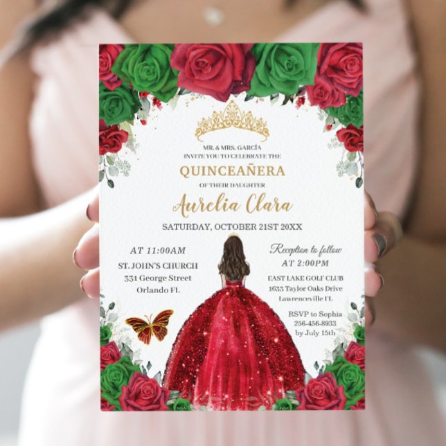Convite Quinceañera Red Green Rosas Floral Princesa Dourad (Criador carregado)