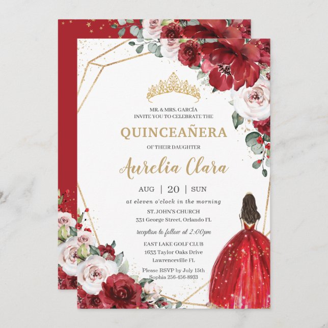 Convite Quinceañera Red Ivory Blush Princesa Floral (Frente/Verso)