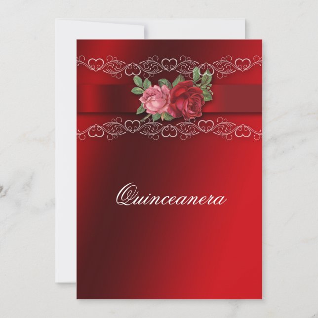 Convite Quinceanera Red Pink Roses Red Satin (Frente)