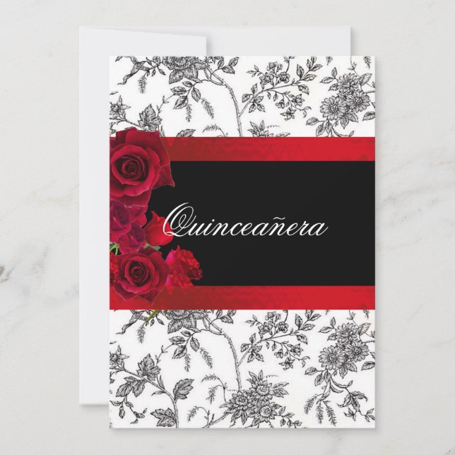 Convite Quinceanera Red Satin Rosas Black White Toile (Frente)