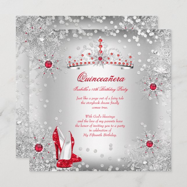 Convite Quinceanera Red Silver Winter Wonderland (Frente/Verso)