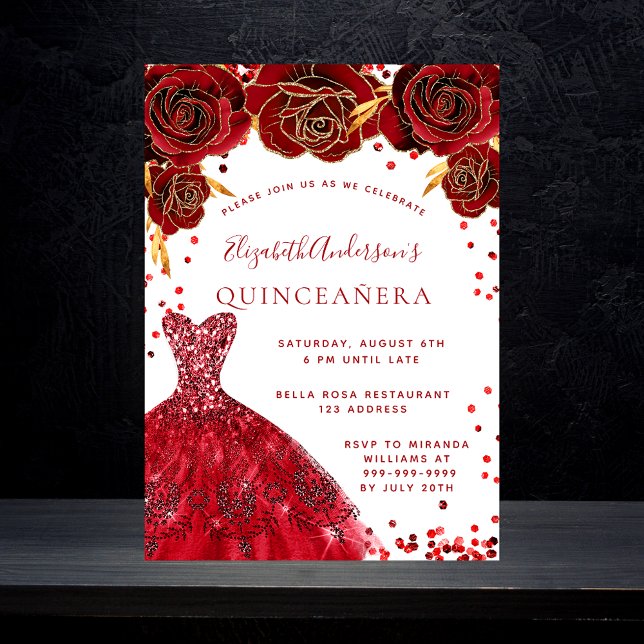 Convite Quinceanera red White dress rosas glamorosos (Criador carregado)