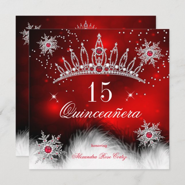 Convite Quinceanera Regal Red Snowflake 15 Birthday (Frente/Verso)