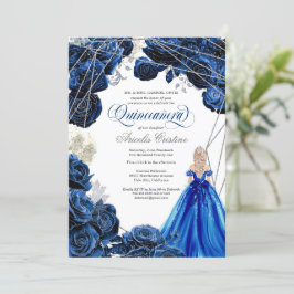 Convite Quinceañera Regal Royal Blue & Silver w Gown Invit