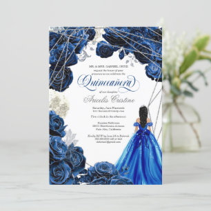 Convite Quinceañera Regal Royal Blue & Silver w Gown Invit