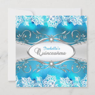 Convite Quinceanera renda azul teal e estrutura prateada