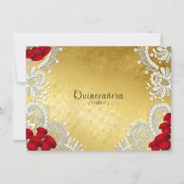 Convite Quinceanera Renda Branca com Rosas Vermelhas em Do