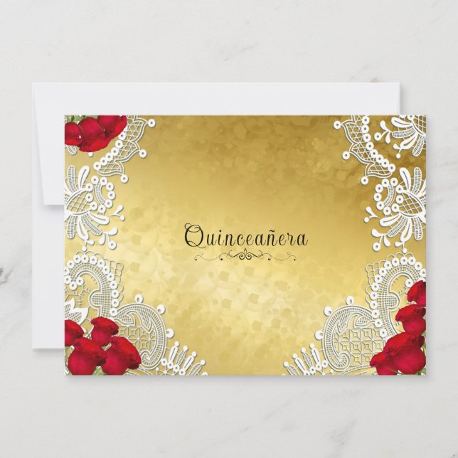 Convite Quinceanera Renda Branca com Rosas Vermelhas em Do (Frente)