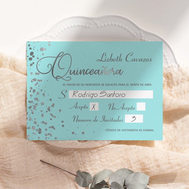 Convite Quinceanera - Resposta Espanhola - Blue Silver RSV (Criador carregado)