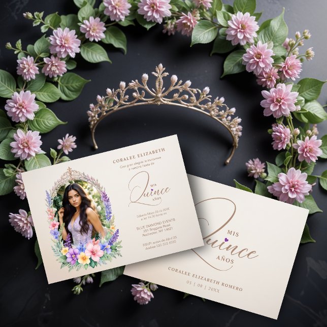 Convite Quinceañera Romantic Glam Floral Ornate Arch  (Pastel Romantico Glam Floral Ornate Arch Photo Spanish Quinceañera Invitations Cards.)