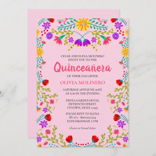 Convite Quinceanera Rosa 15 Floral Mexicano Aniversário (Frente/Verso)
