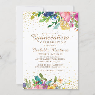 Convite Quinceañera Rosa Amarelo Azul Floral Dourado Brilh