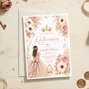 Convite Quinceañera Rosa Bege e Dourado Champanhe