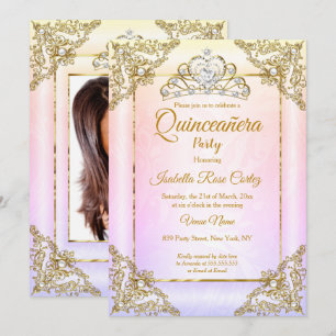Convite Quinceanera Rosa Bege Roxo foto Tiara Dourada
