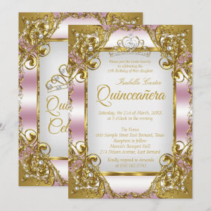 Convite Quinceanera Rosa Bege Tiara Dourada com Pérola Fes