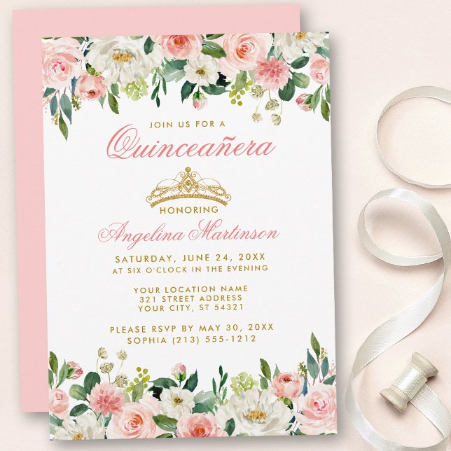 Convite Quinceanera rosa Blush Dourado Crown Floral Convid (Customize to change text color, style, add text & photos to back or change color of back of card.)