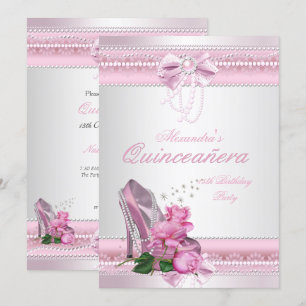 Convite Quinceanera Rosa Bonito Branco Rosa Salto Alto 2
