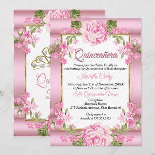 Convite Quinceanera Rosa Bonito Floral Dourado