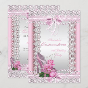 Convite Quinceanera Rosa Bonito Salto Alto Rosa Branca