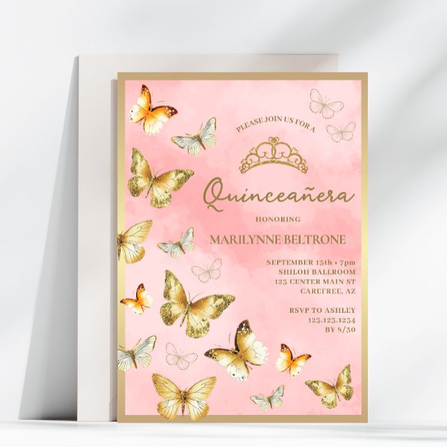 Convite Quinceañera rosa borboleta Dourada elegante (Criador carregado)