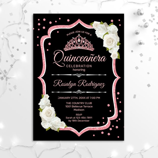 Convite Quinceanera - Rosa branco preto Dourado (Criador carregado)