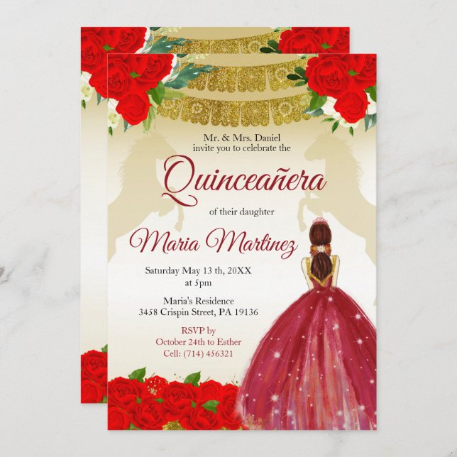 Convite Quinceañera Rosa Burgundy Dourado Aniversário Mexi (Frente/Verso)