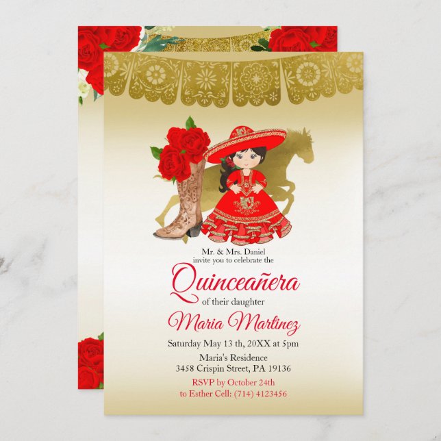 Convite Quinceañera Rosa Burgundy Dourado Aniversário Mexi (Frente/Verso)