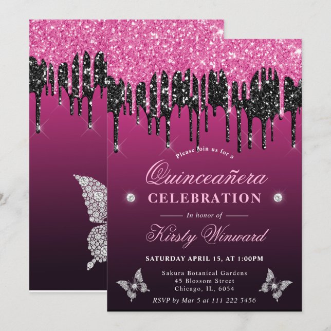 Convite Quinceanera Rosa Choque e Preto com Glitter Pingan (Frente/Verso)