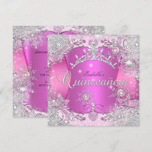 Convite Quinceanera Rosa Choque Inverno Mágico Flocos de N
