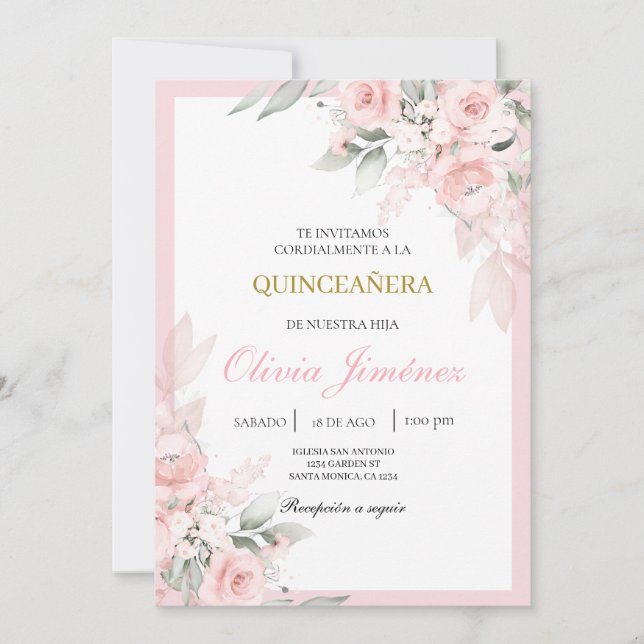 Convite quinceañera rosa claro (Frente)