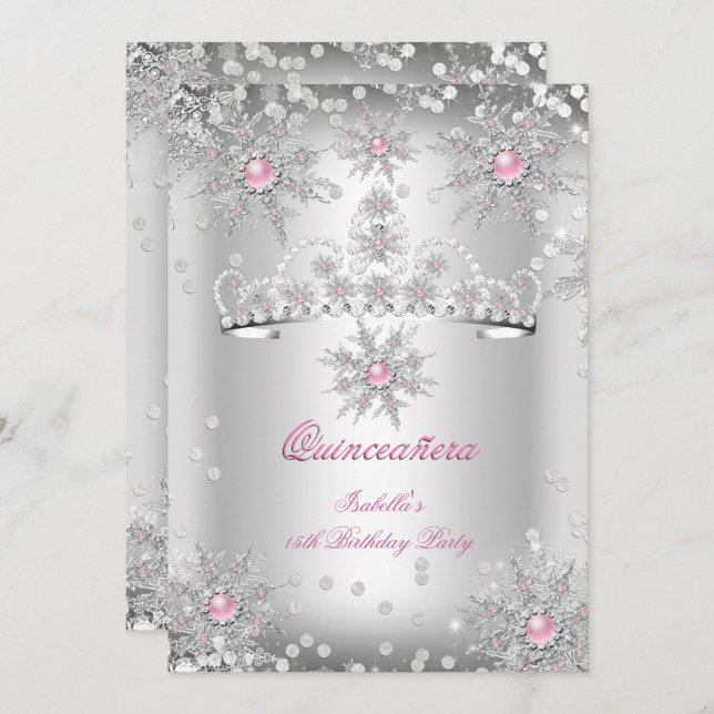 Convite Quinceanera Rosa claro Silver Winter Wonderland (Frente/Verso)
