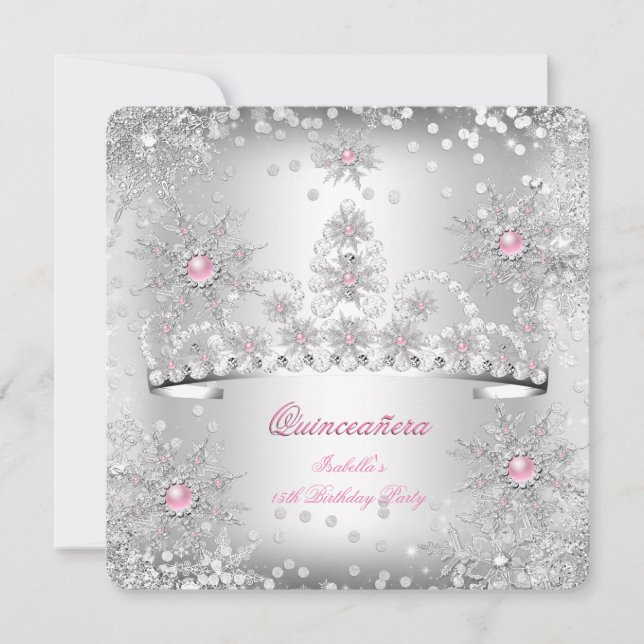 Convite Quinceanera Rosa claro Silver Winter Wonderland (Frente)