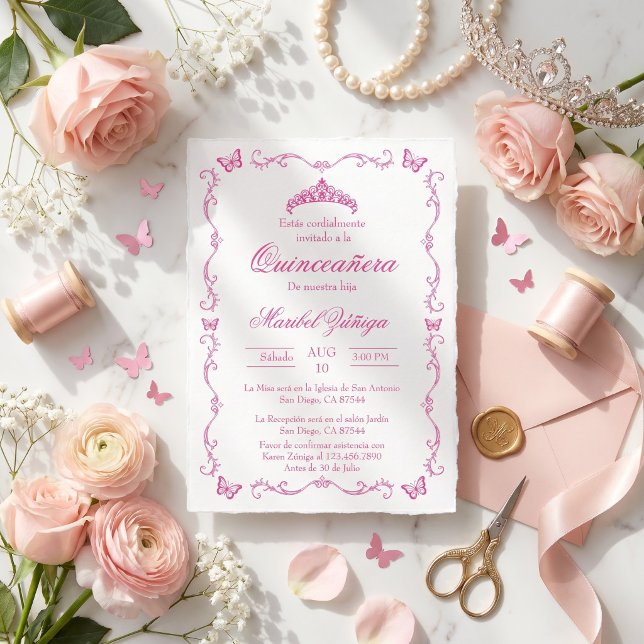 Convite Quinceañera Rosa com Coroa e Borboletas (Criador carregado)