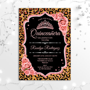 Convite Quinceanera - Rosa de Leopardo Dourado