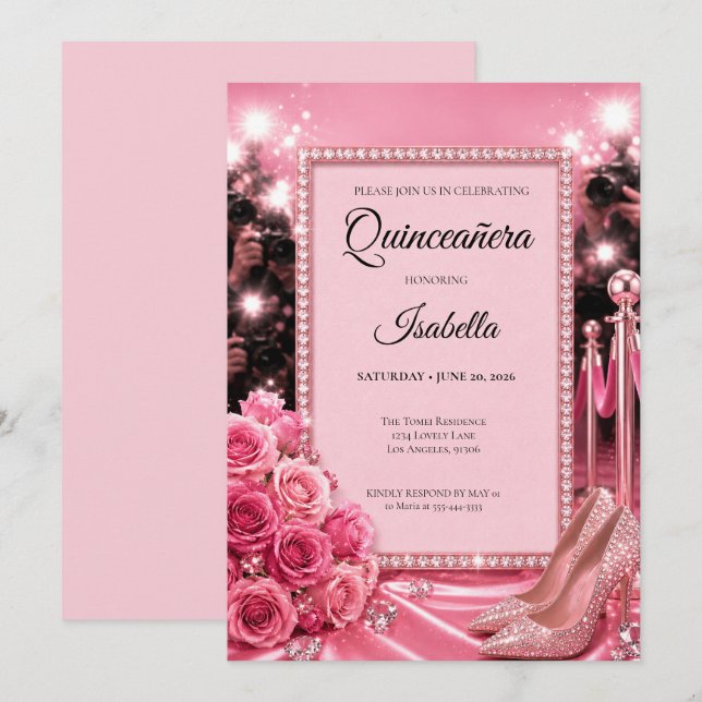 Convite Quinceañera Rosa de Luxo (Frente/Verso)
