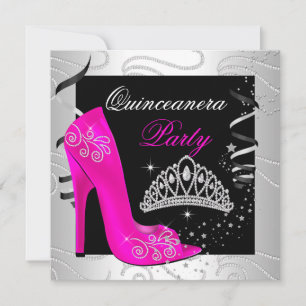 Convite Quinceanera Rosa Diamante Preto Branco Festa