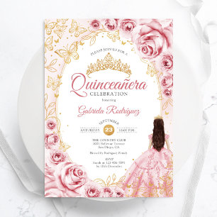 Convite Quinceanera Rosa Dourada