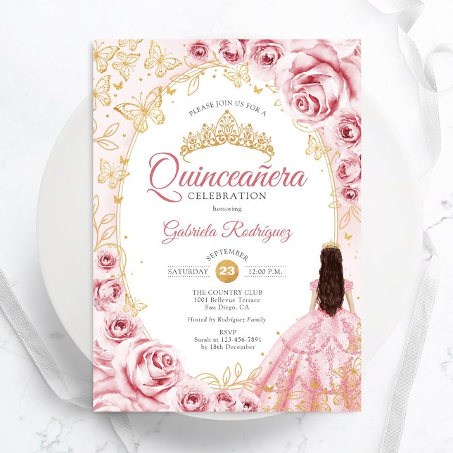 Convite Quinceanera Rosa Dourada (Criador carregado)